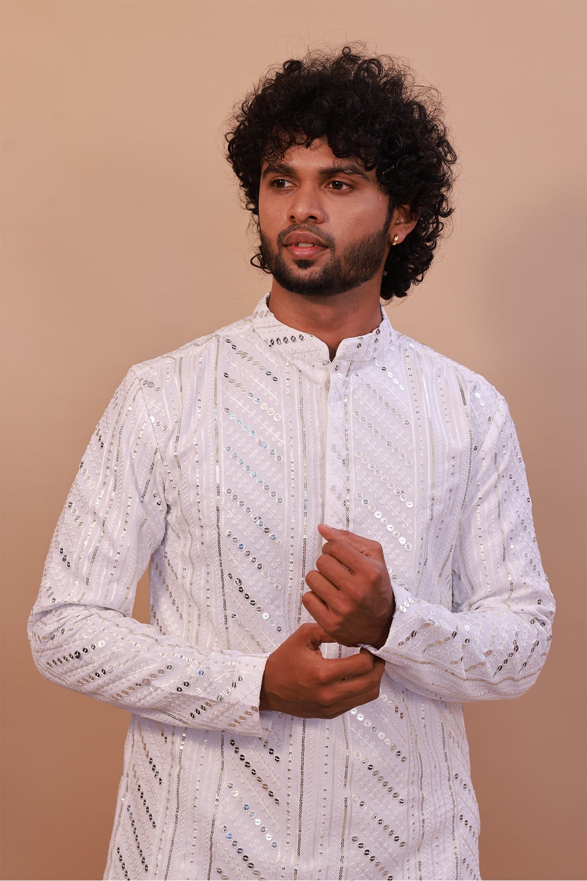 Men's White Malai Kurta with Sequence Self-Work & Stylish Pant