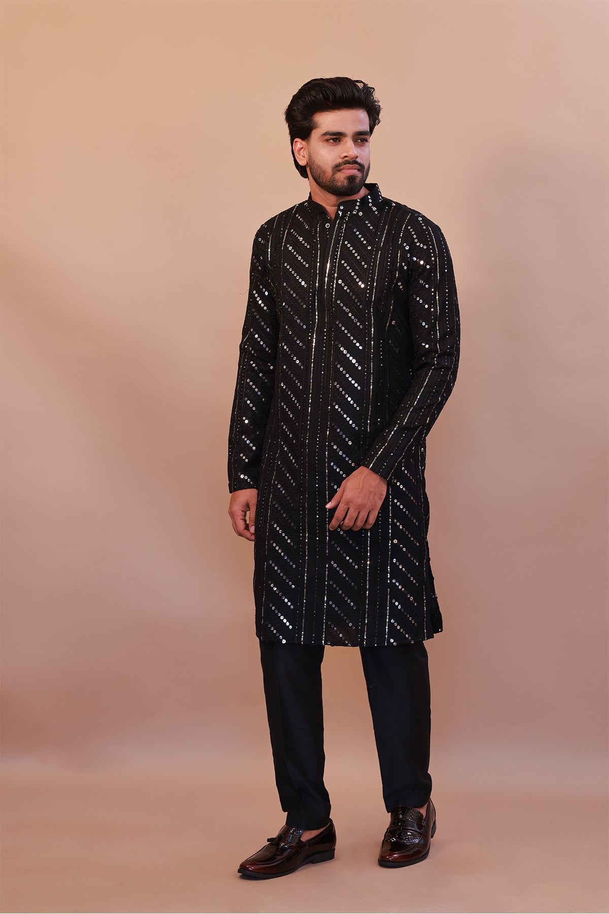 Men's Black Malai Kurta with Sequence Self-Work & Stylish Pant