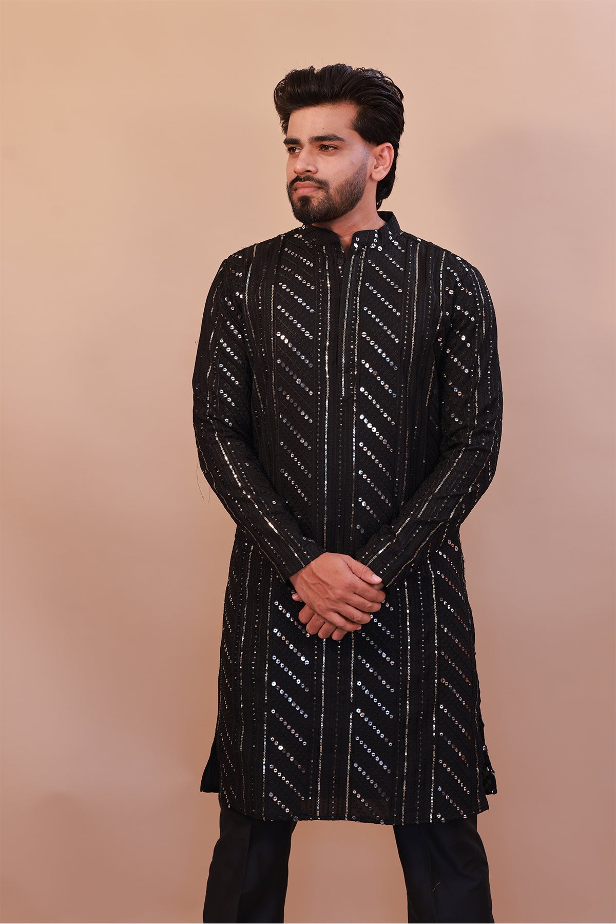 Men's Black Malai Kurta with Sequence Self-Work & Stylish Pant