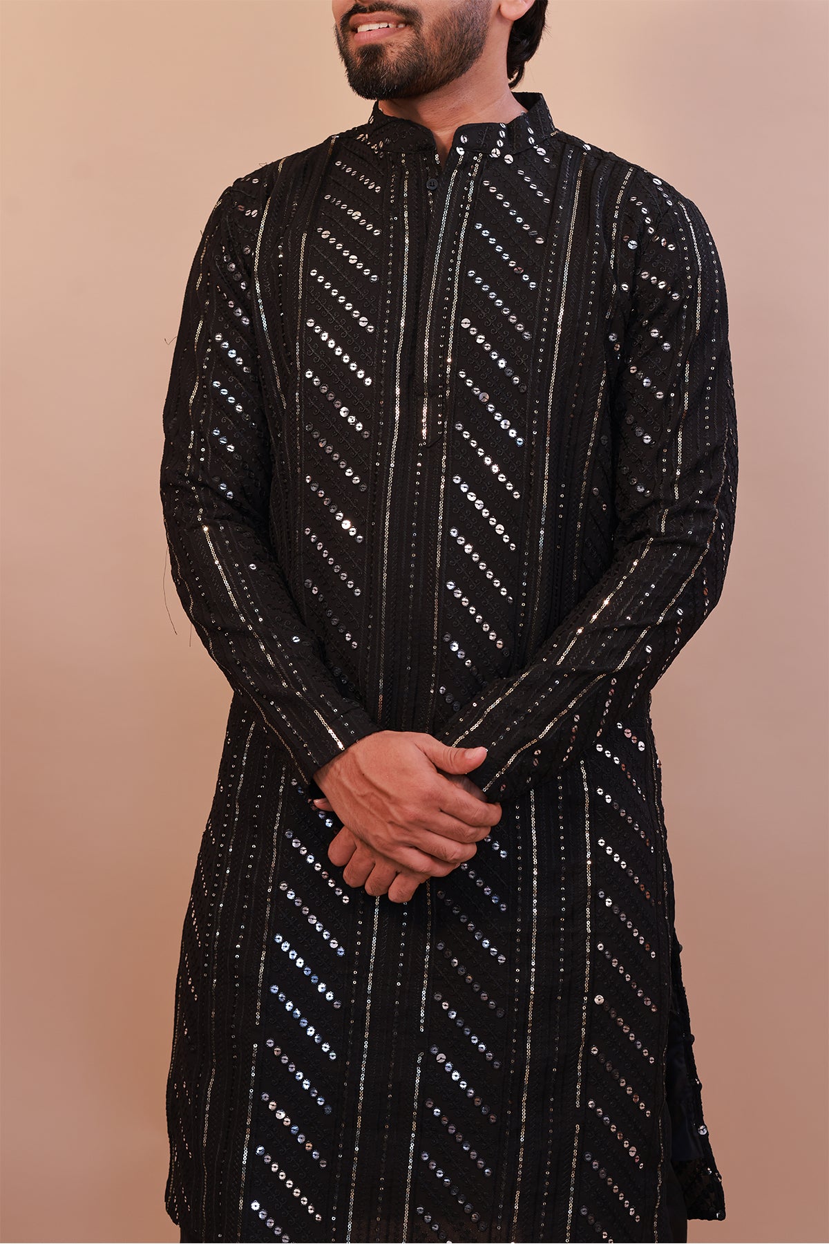 Men's Black Malai Kurta with Sequence Self-Work & Stylish Pant