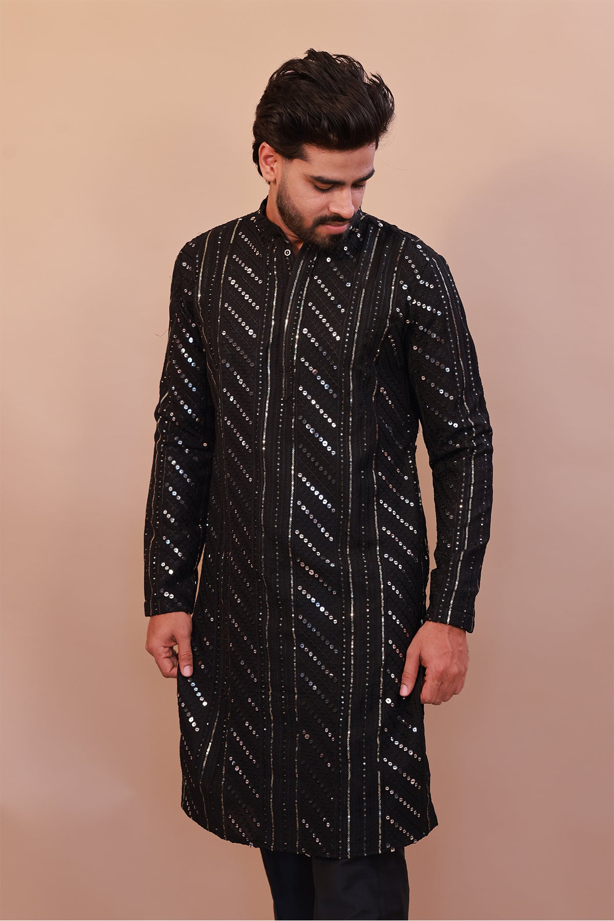 Men's Black Malai Kurta with Sequence Self-Work & Stylish Pant