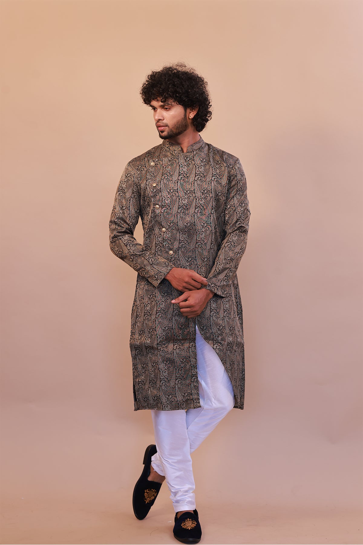 Glamour in Black: Brocade Semi Sherwani for Weddings