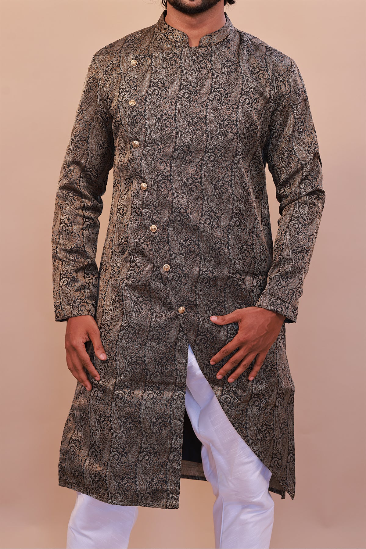 Glamour in Black: Brocade Semi Sherwani for Weddings