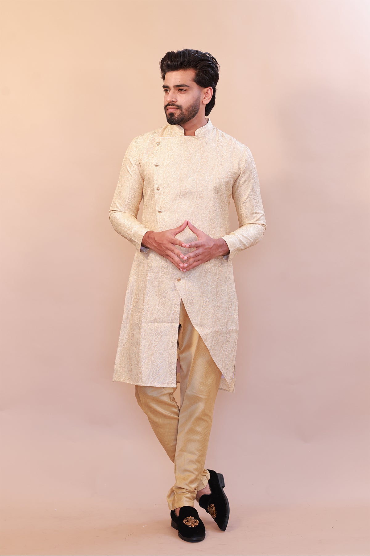 Jakaat Style White Brocade Sherwani with Gold - Indo Western Semi Sherwani