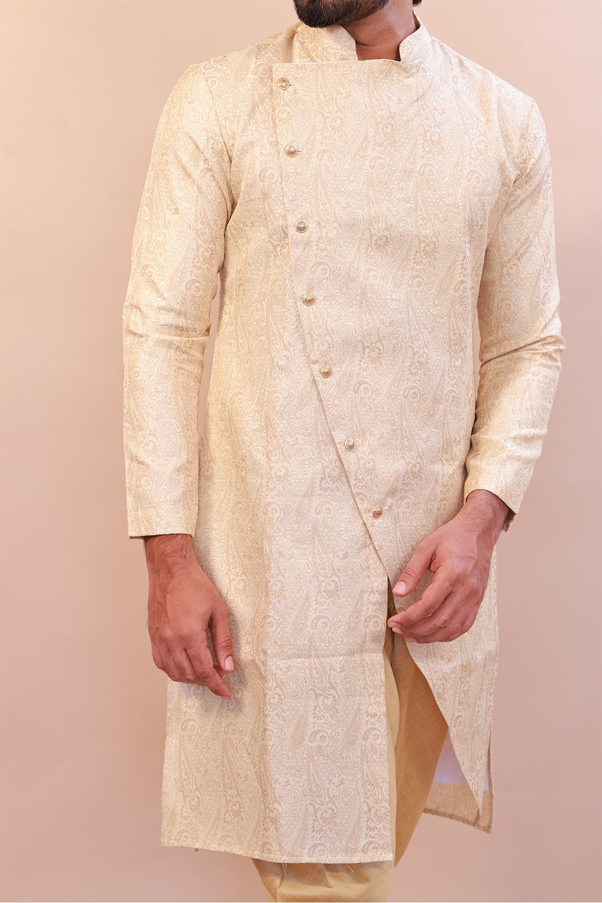 Jakaat Style White Brocade Sherwani with Gold - Indo Western Semi Sherwani
