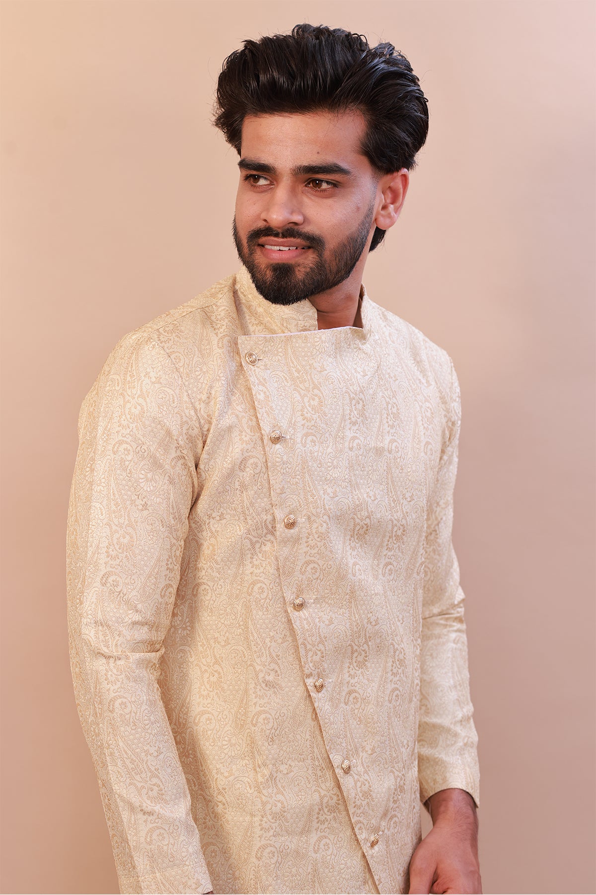 Jakaat Style White Brocade Sherwani with Gold - Indo Western Semi Sherwani