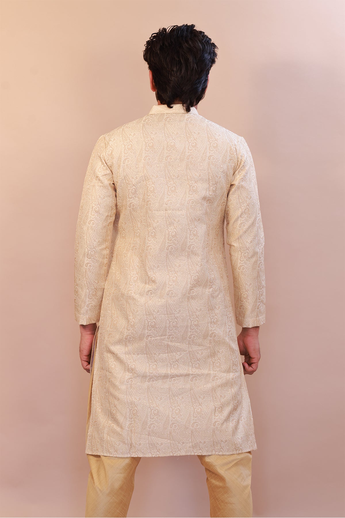 Jakaat Style White Brocade Sherwani with Gold - Indo Western Semi Sherwani