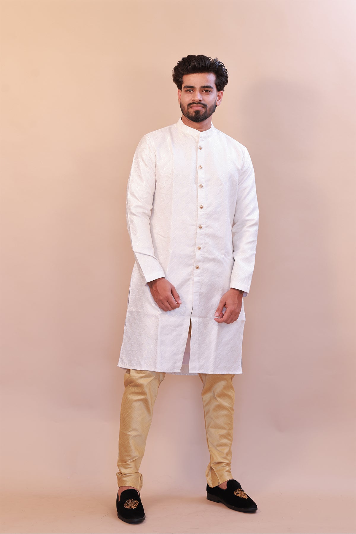 White Semi-Sherwani in Jacquard Brocade - Indian Wedding Collection
