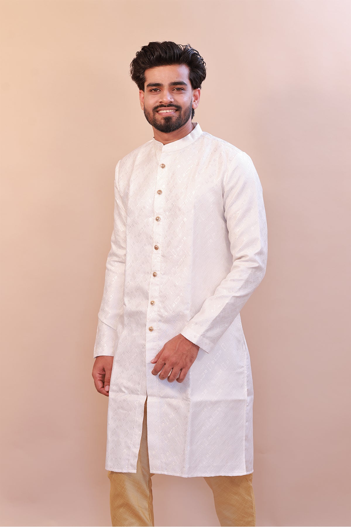 White Semi-Sherwani in Jacquard Brocade - Indian Wedding Collection