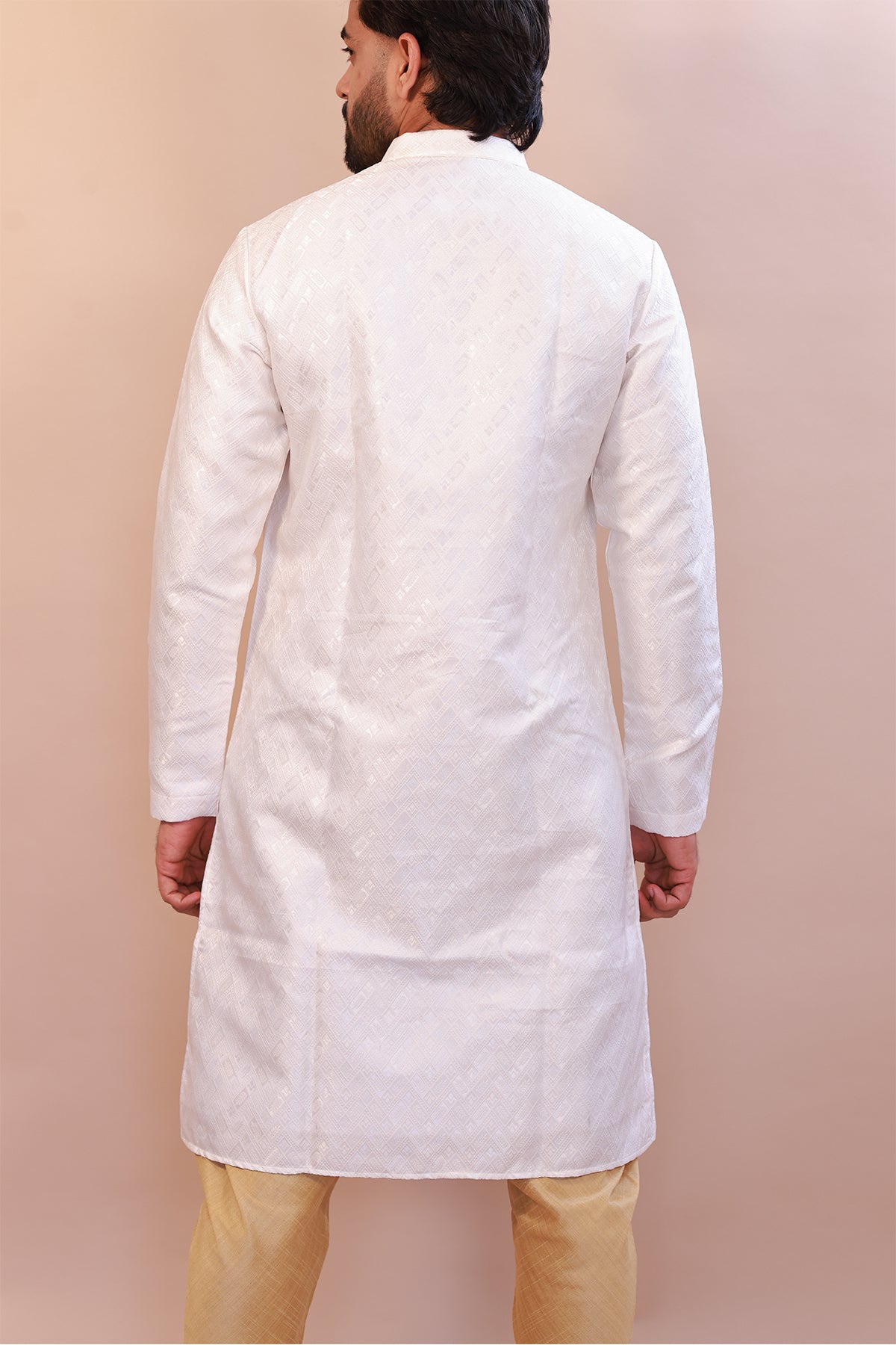 White Semi-Sherwani in Jacquard Brocade - Indian Wedding Collection