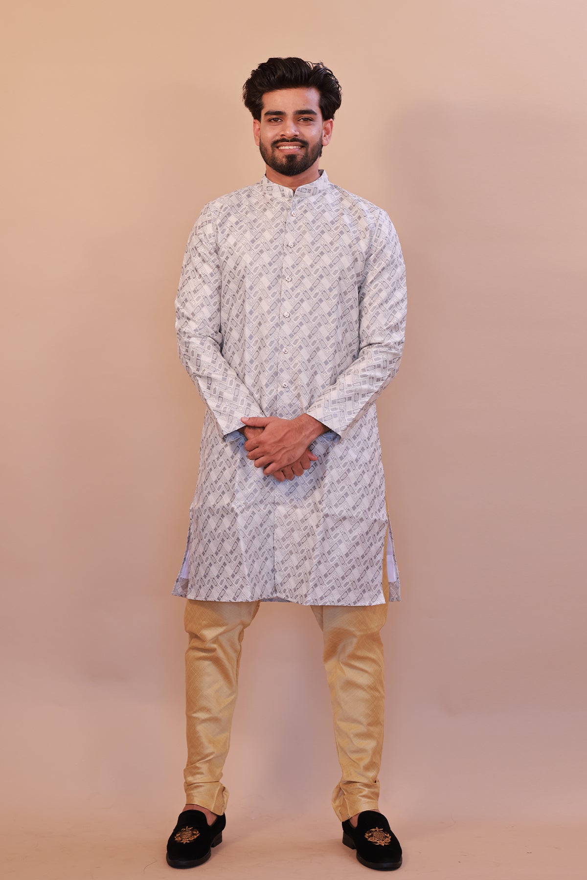 Stylish Grey Jacquard Brocade Semi-Sherwani for Weddings and Festive Events