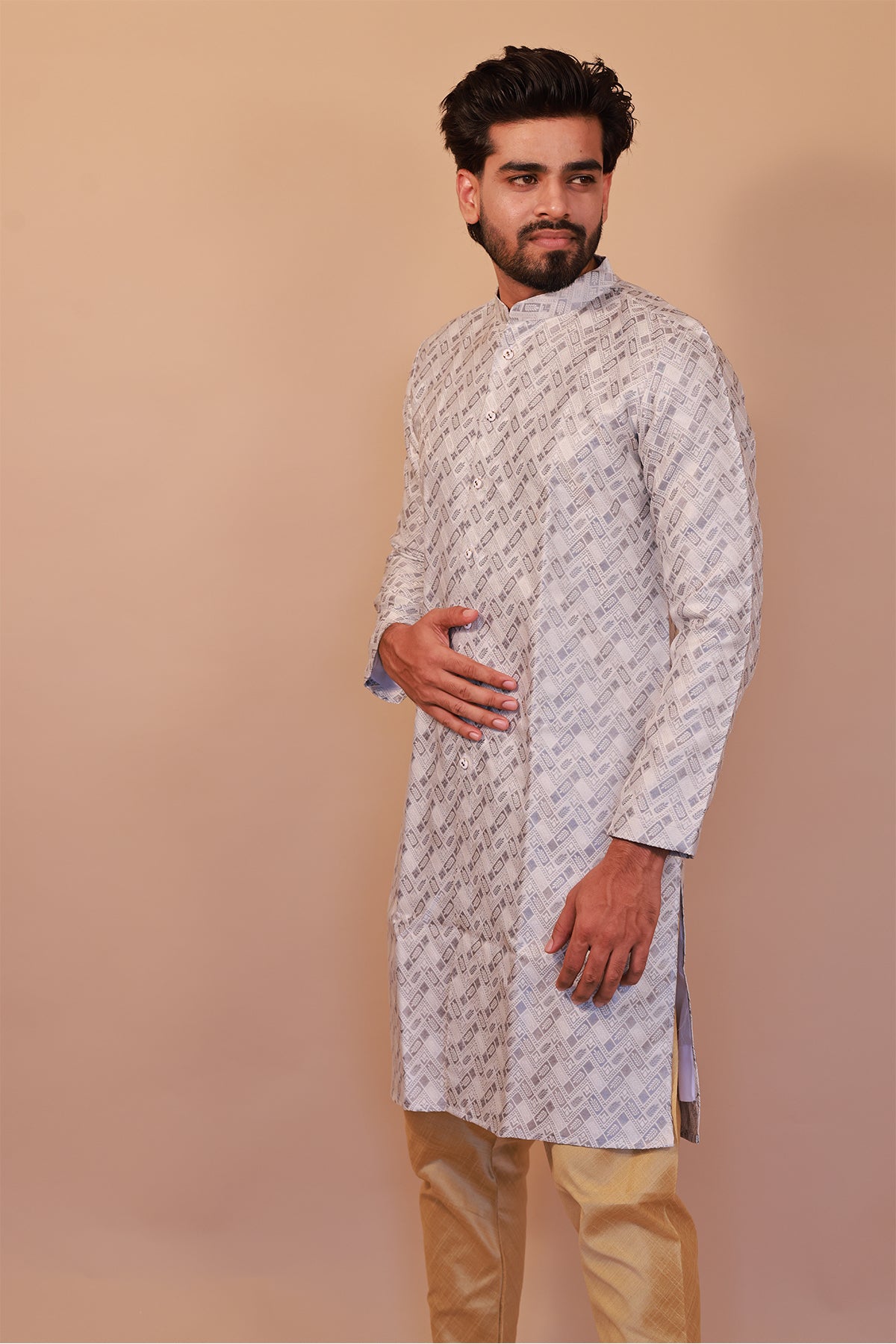 Stylish Grey Jacquard Brocade Semi-Sherwani for Weddings and Festive Events