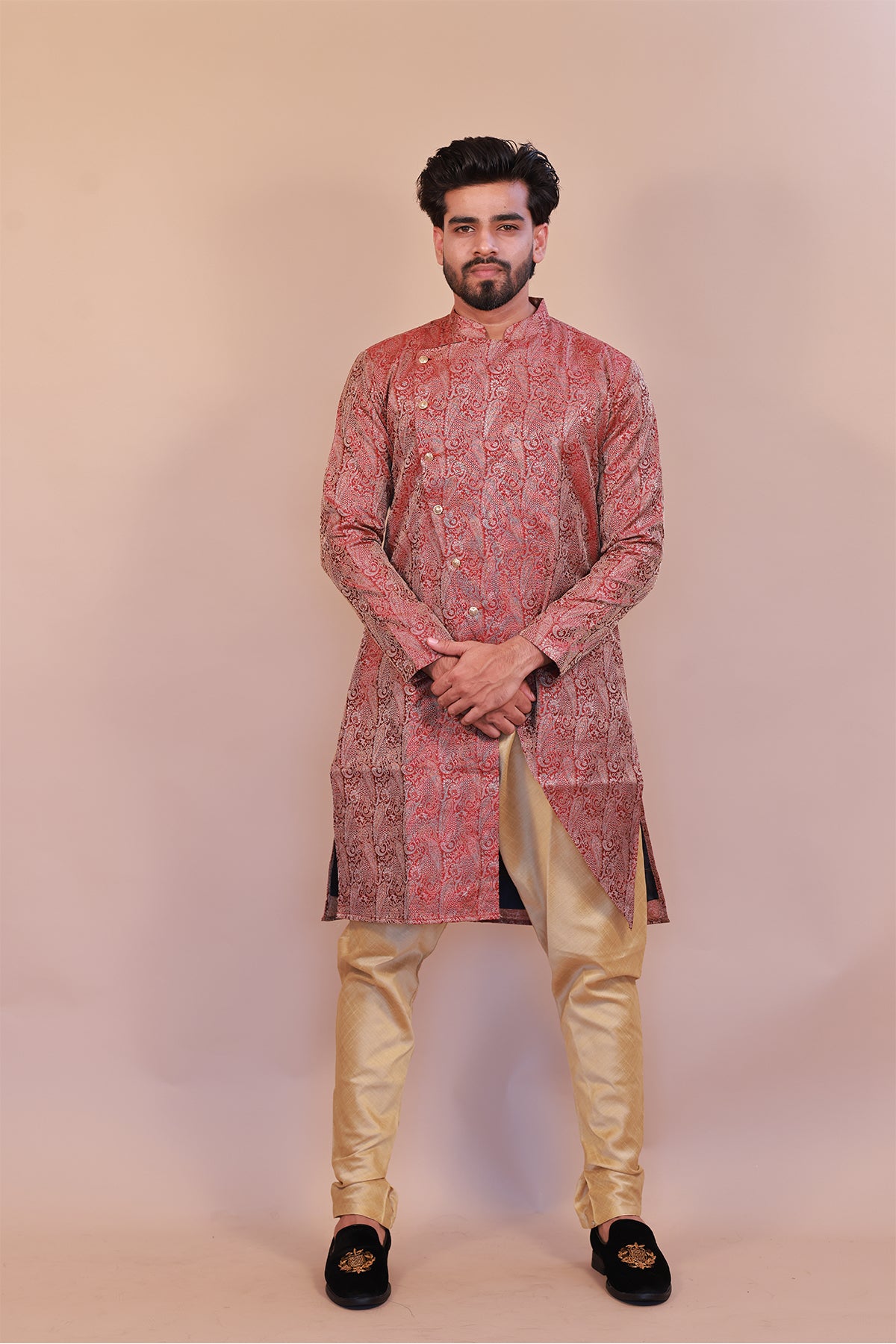 Stylish Indo Western Maroon Brocade Sherwani – Semi Sherwani for Men