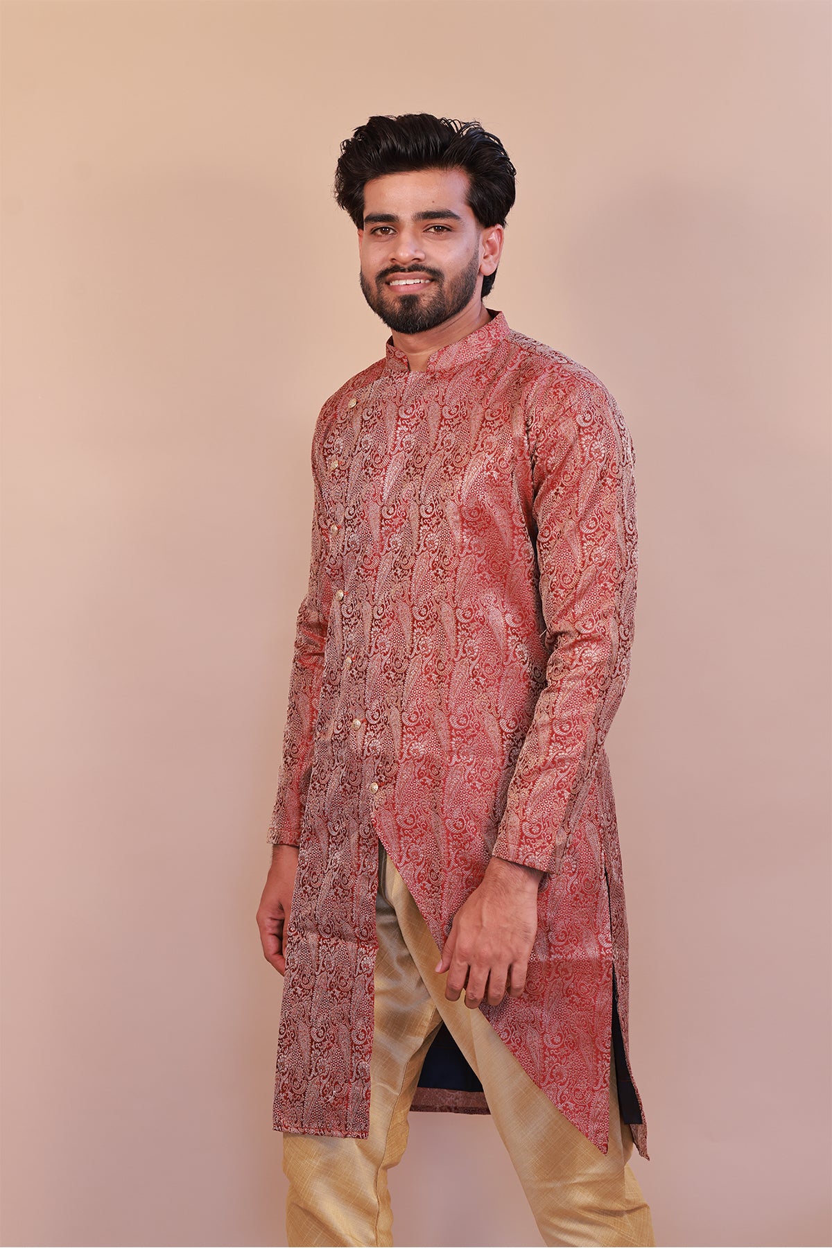 Stylish Indo Western Maroon Brocade Sherwani – Semi Sherwani for Men