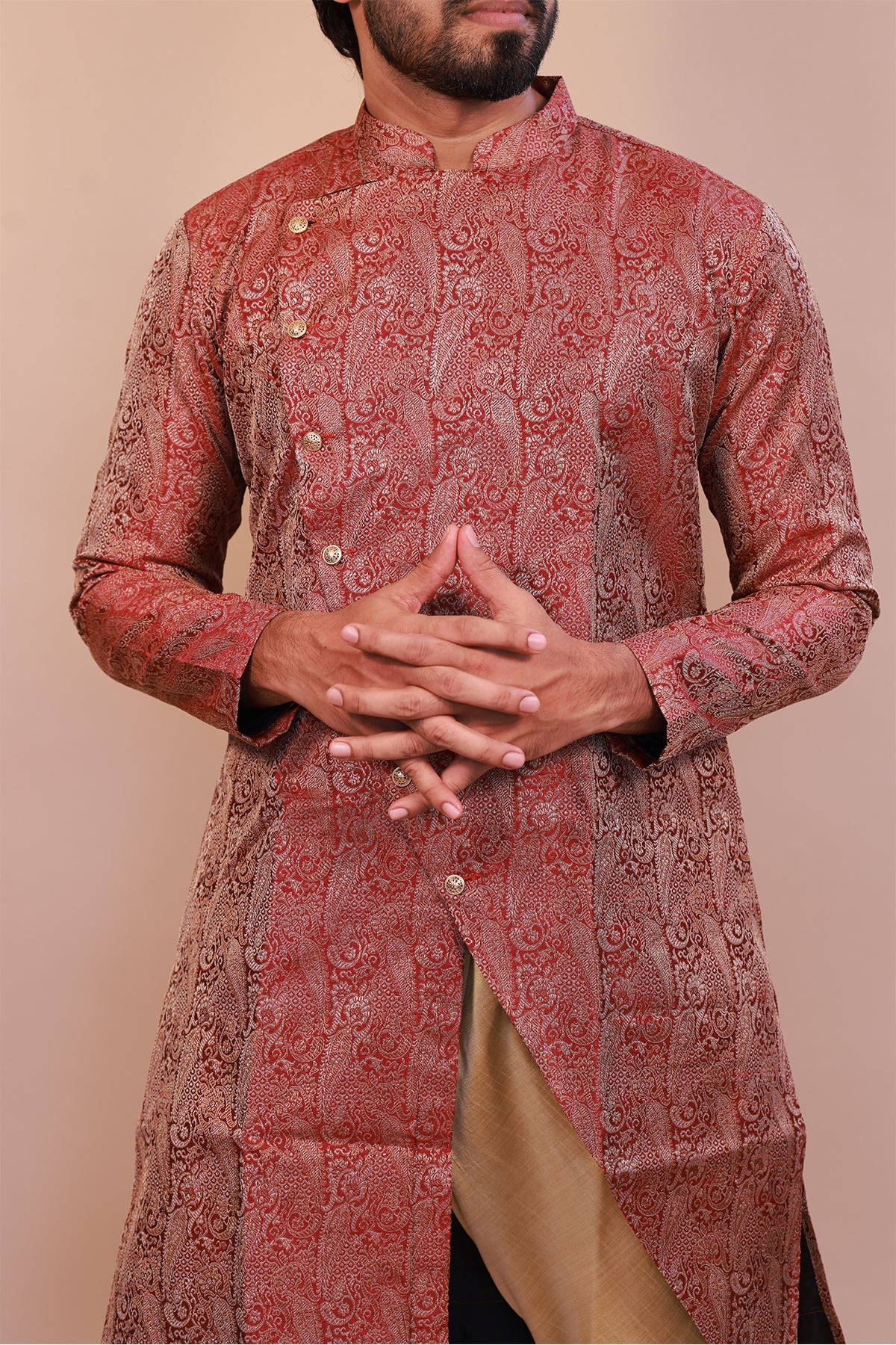 Stylish Indo Western Maroon Brocade Sherwani – Semi Sherwani for Men