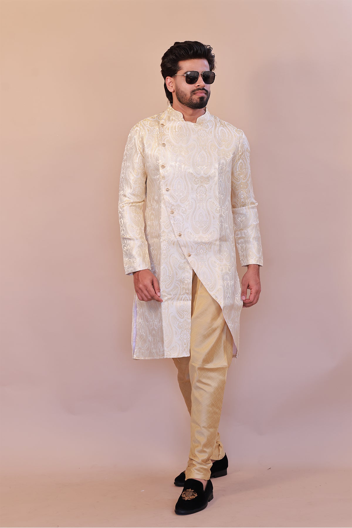 Luxury Brocade Cream Semi Sherwani for Weddings – Indo-Western Fusion
