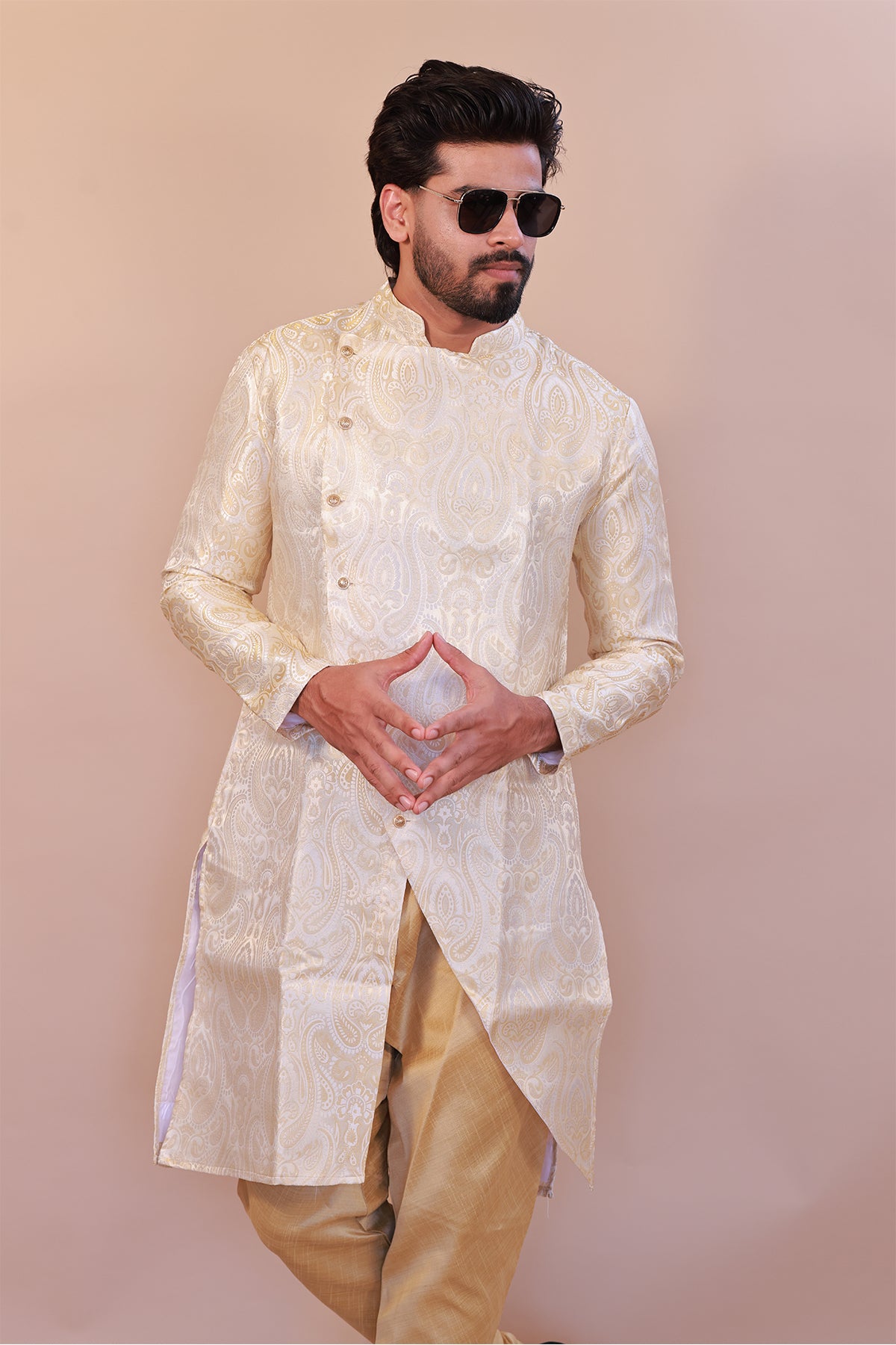 Luxury Brocade Cream Semi Sherwani for Weddings – Indo-Western Fusion
