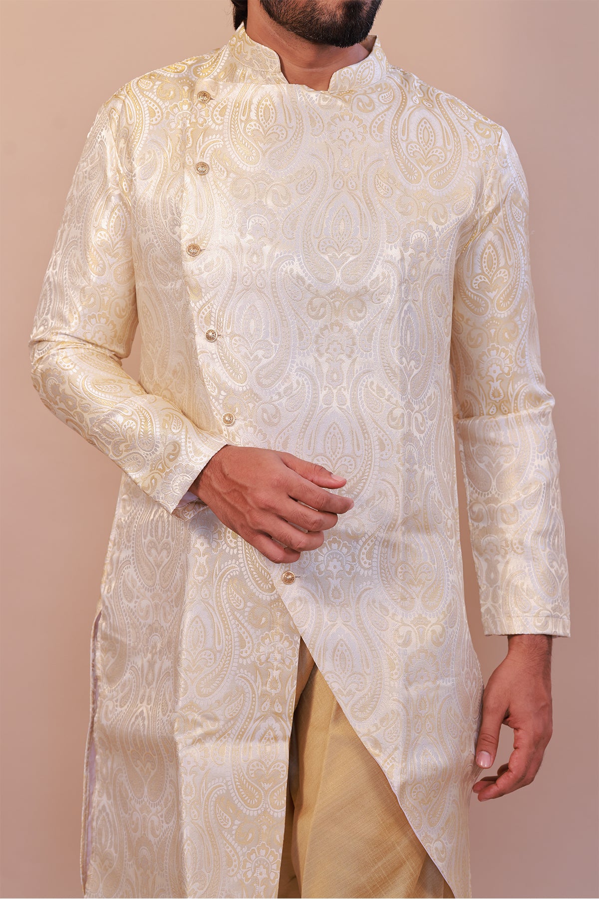 Luxury Brocade Cream Semi Sherwani for Weddings – Indo-Western Fusion