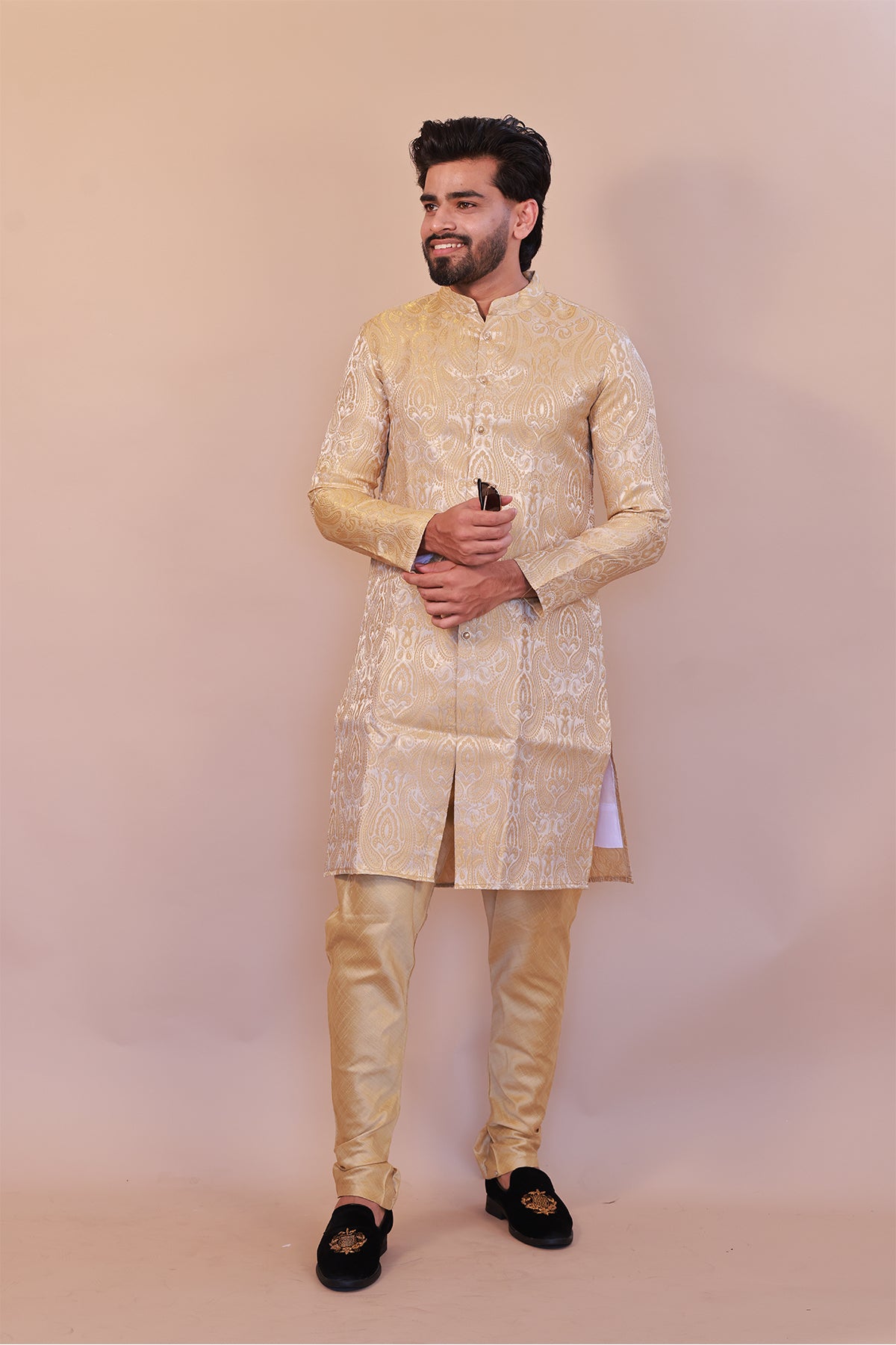 Classic Gold Brocade Sherwani – Semi-Formal Traditional Attire