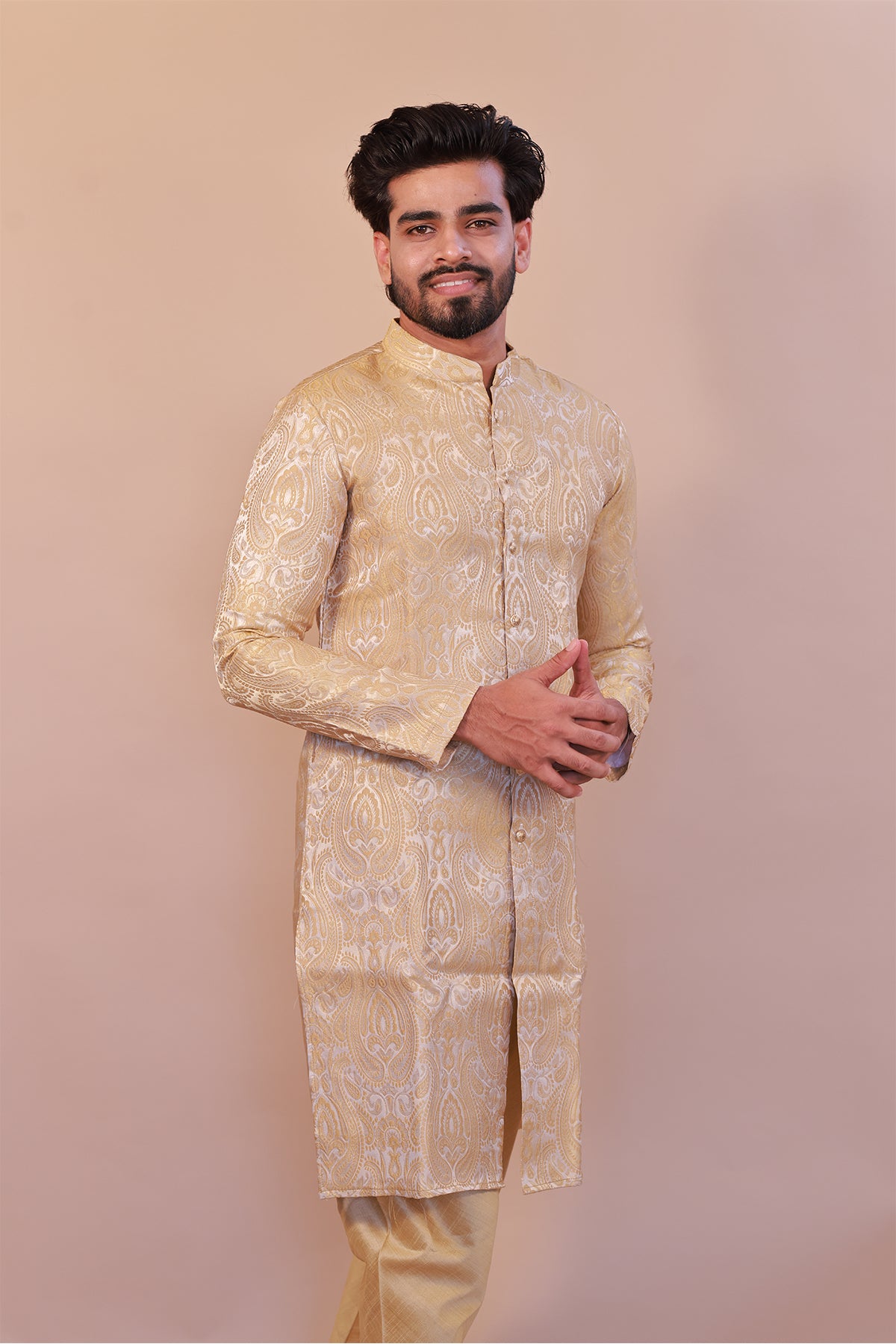Classic Gold Brocade Sherwani – Semi-Formal Traditional Attire