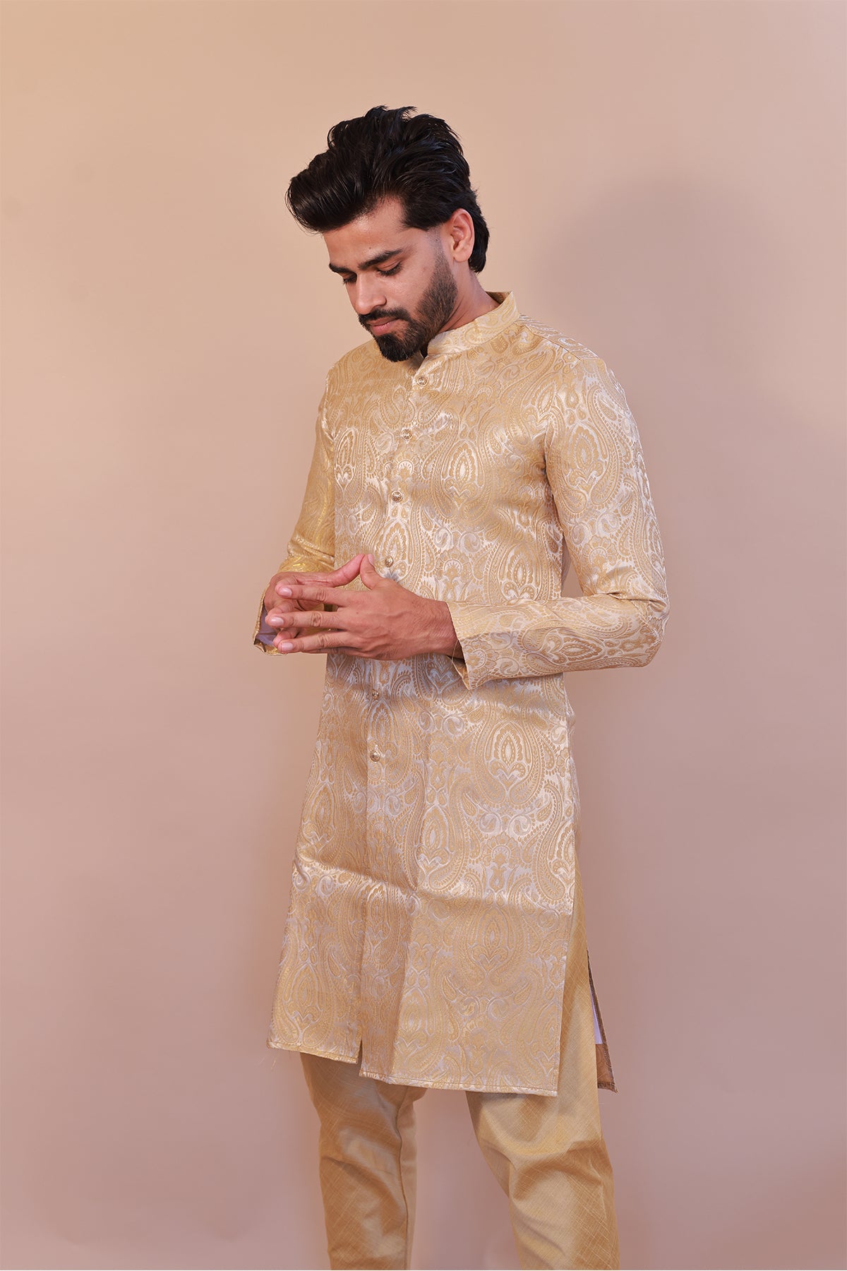 Classic Gold Brocade Sherwani – Semi-Formal Traditional Attire