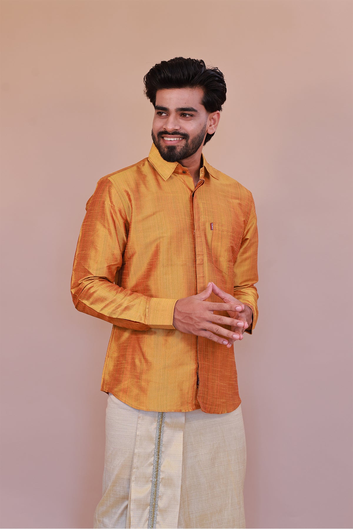 Men's Yellow Full-Sleeve Silk Shirt - Luxury traditional Wear