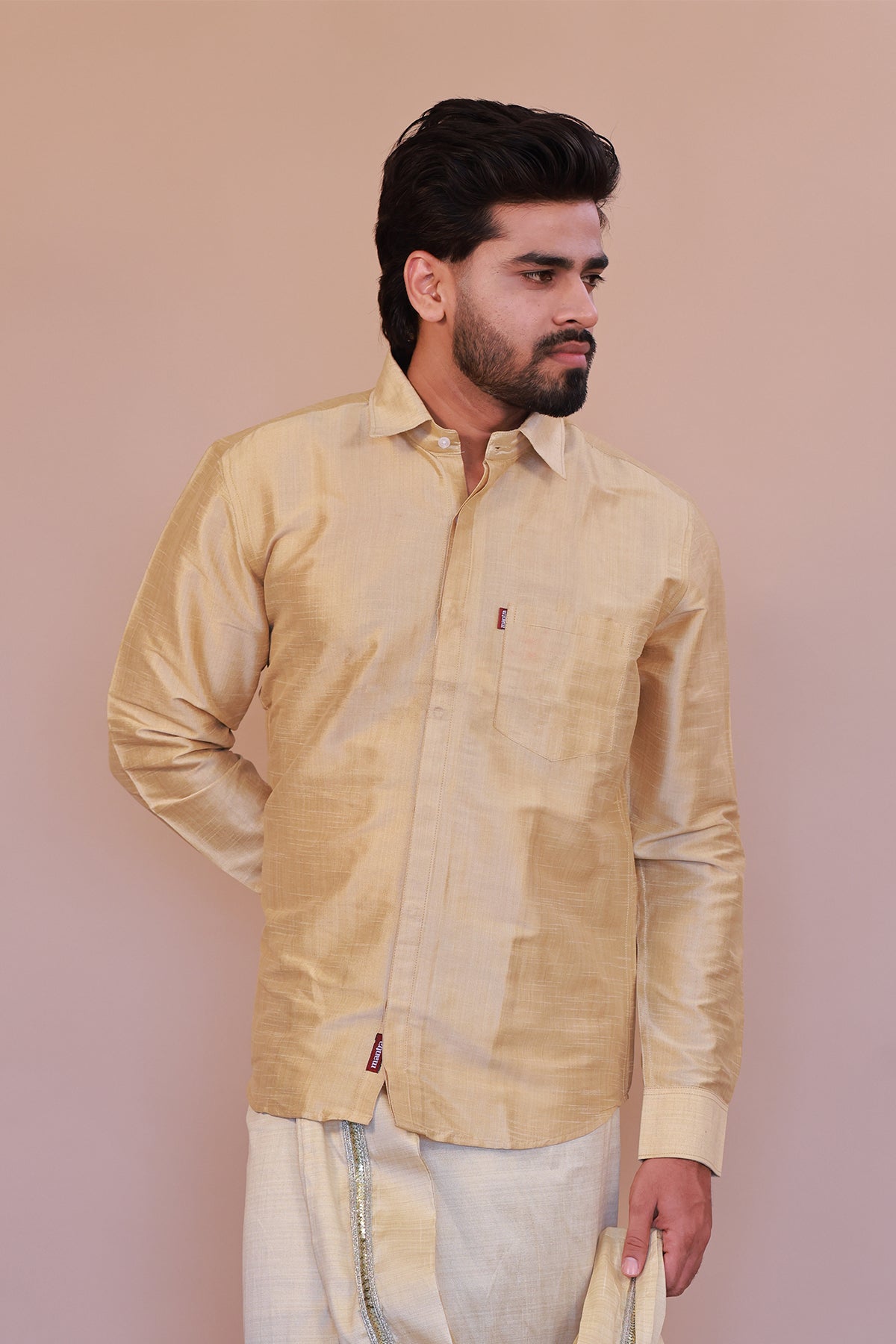 Men's Gold 2 Slub Zara Silk Shirt - Full Sleeve Luxury Traditional Wear