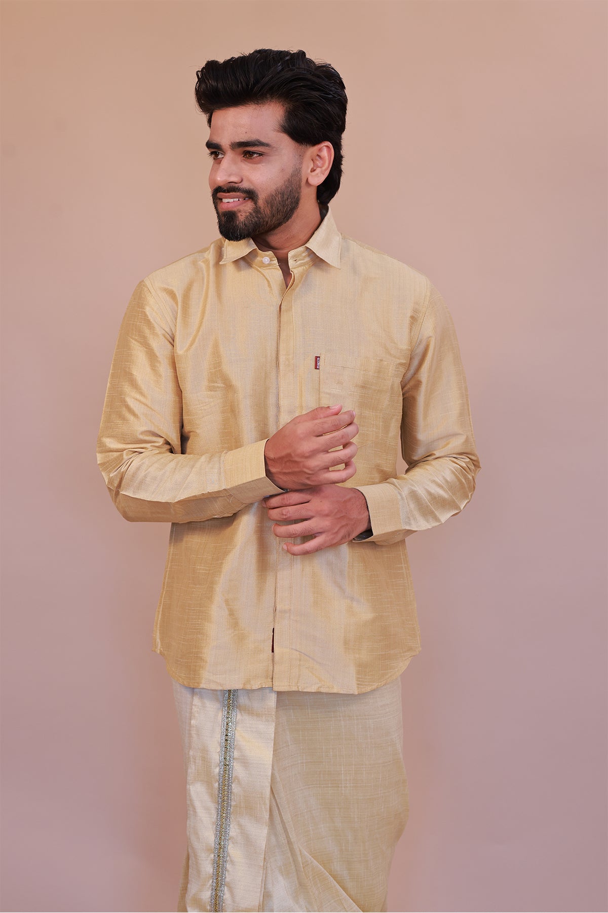Men's Gold 2 Slub Zara Silk Shirt - Full Sleeve Luxury Traditional Wear