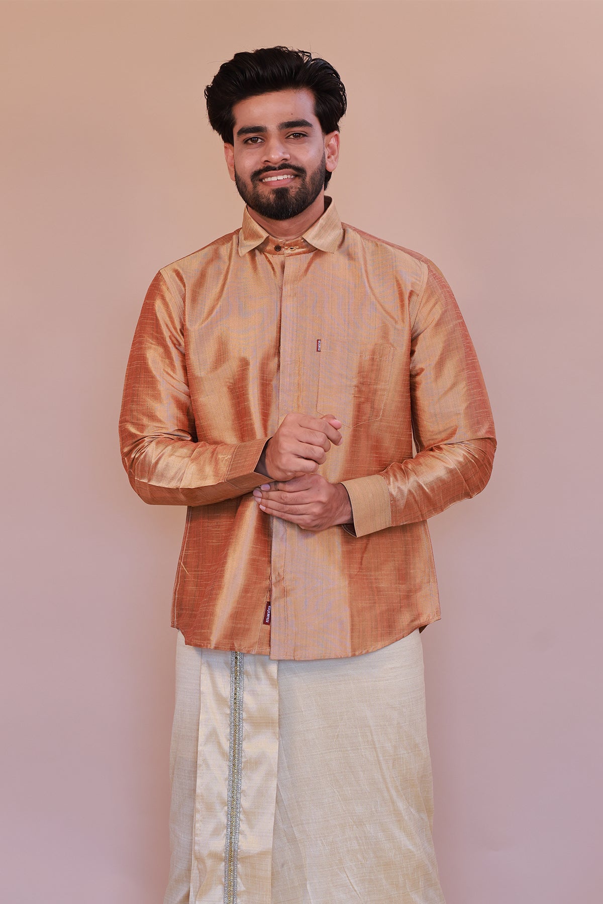 Men's Orange Full-Sleeve Silk Shirt - Luxury traditional Wear