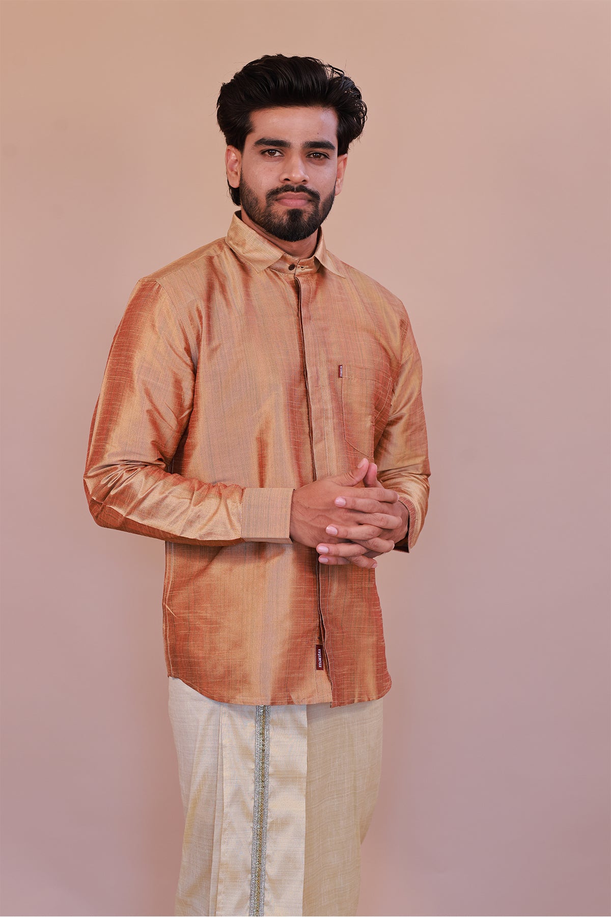 Men's Orange Full-Sleeve Silk Shirt - Luxury traditional Wear