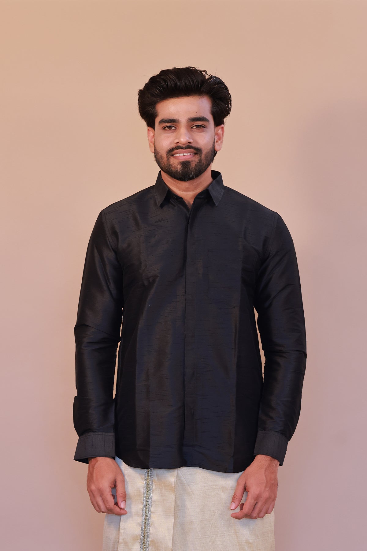 Men's Black Dupion Silk Shirt - Full Sleeve Stylish Evening Party Wear