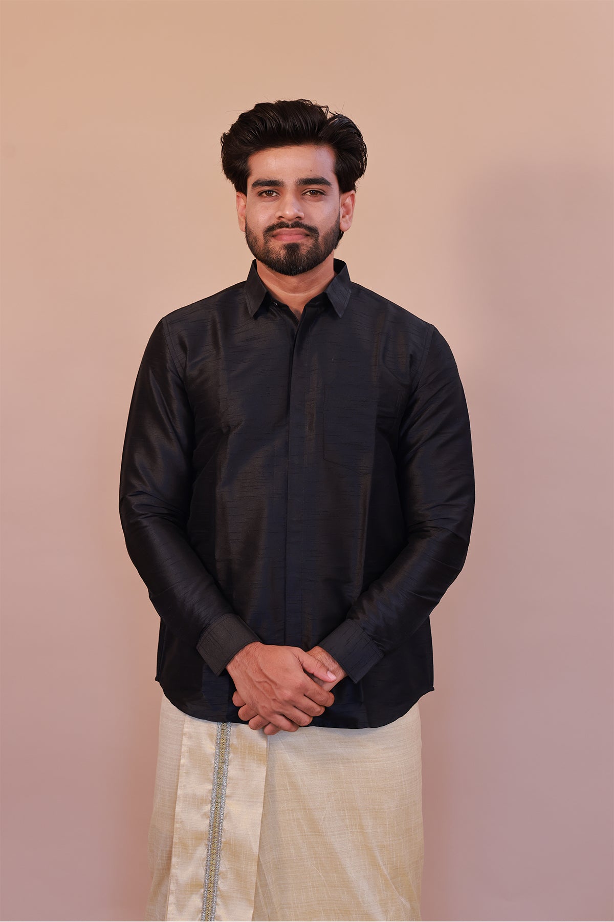 Men's Black Dupion Silk Shirt - Full Sleeve Stylish Evening Party Wear