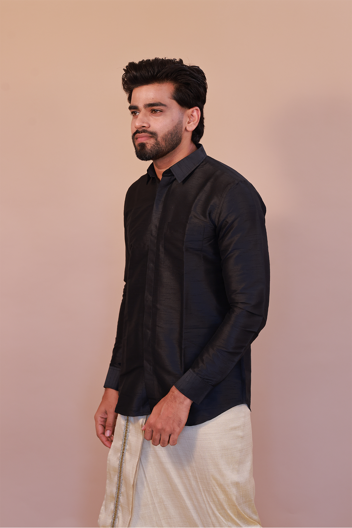 Men's Black Dupion Silk Shirt - Full Sleeve Stylish Evening Party Wear