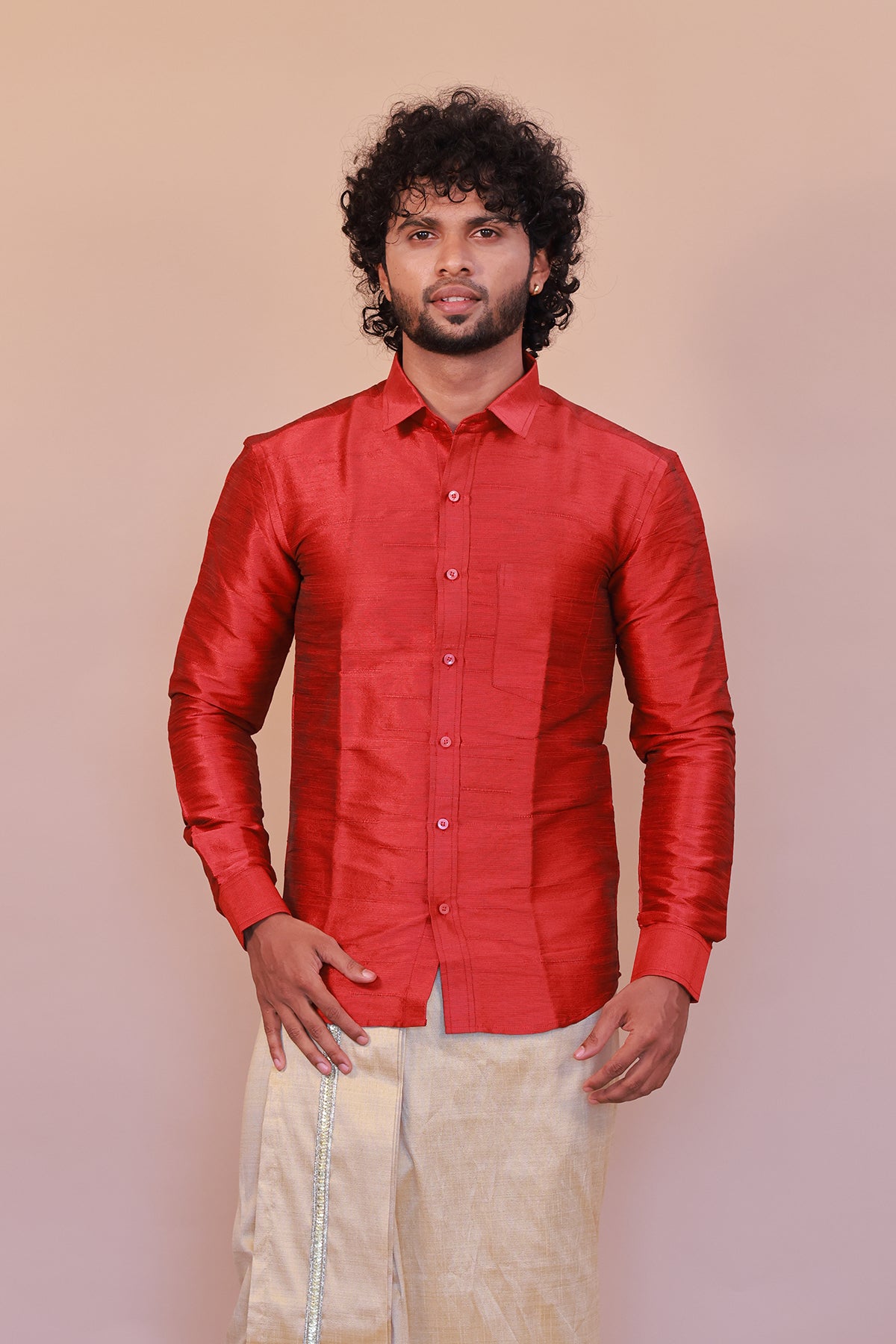 Men's Red Full-Sleeve Silk Shirt - Luxury traditional Wear