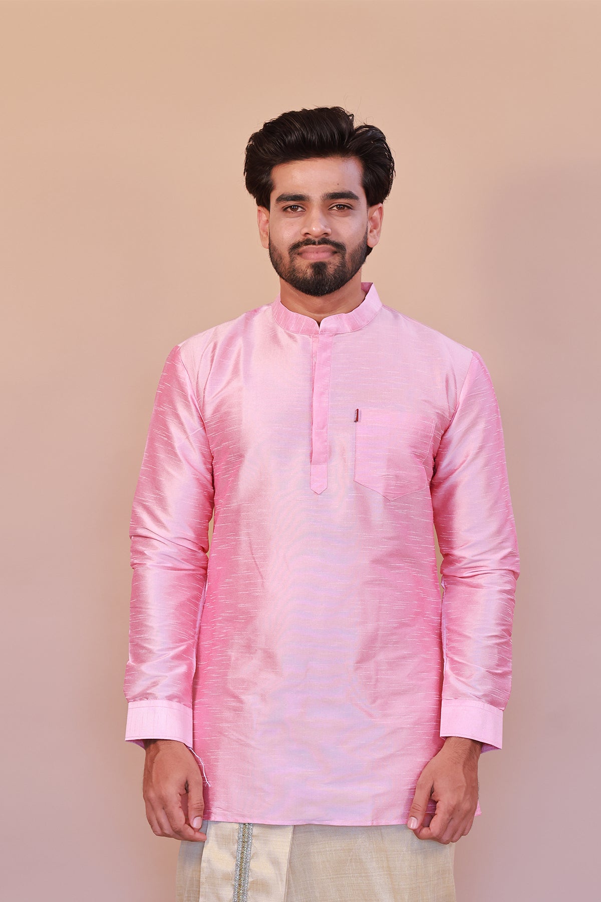 Men's Pink Dupion Silk Short Kurta - Full Sleeve Festive Ethnic Wear