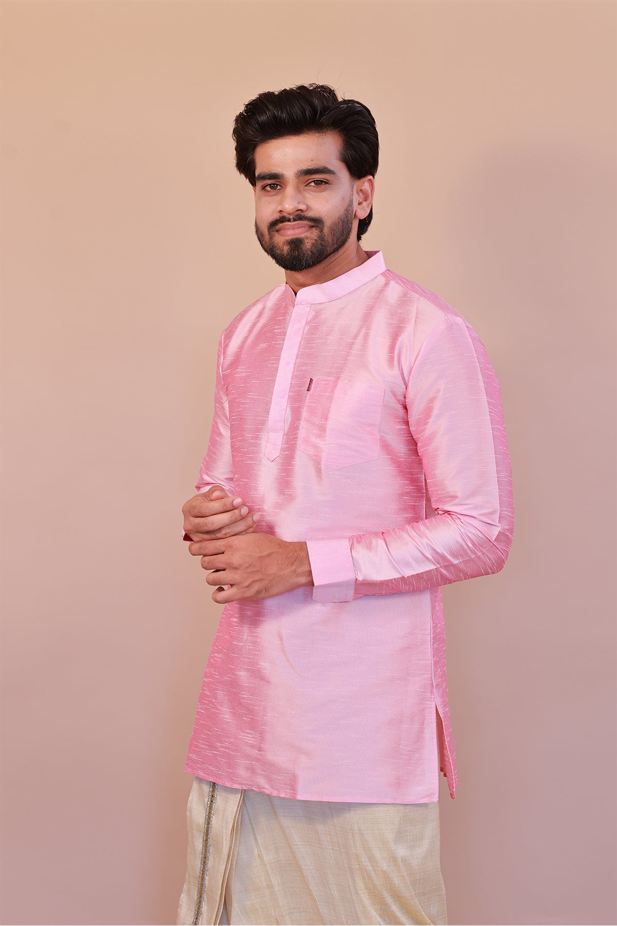 Men's Pink Dupion Silk Short Kurta - Full Sleeve Festive Ethnic Wear