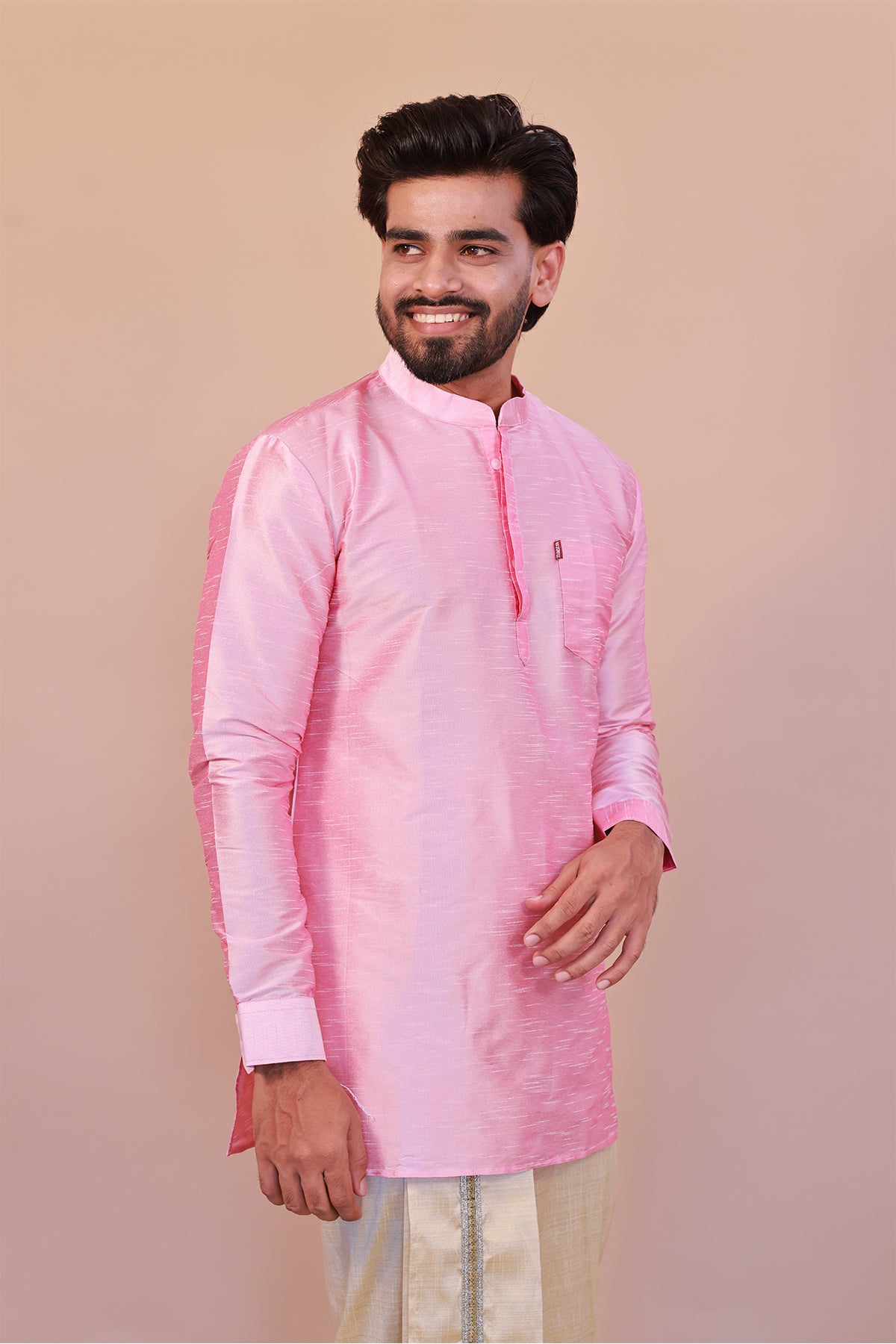 Men's Pink Dupion Silk Short Kurta - Full Sleeve Festive Ethnic Wear