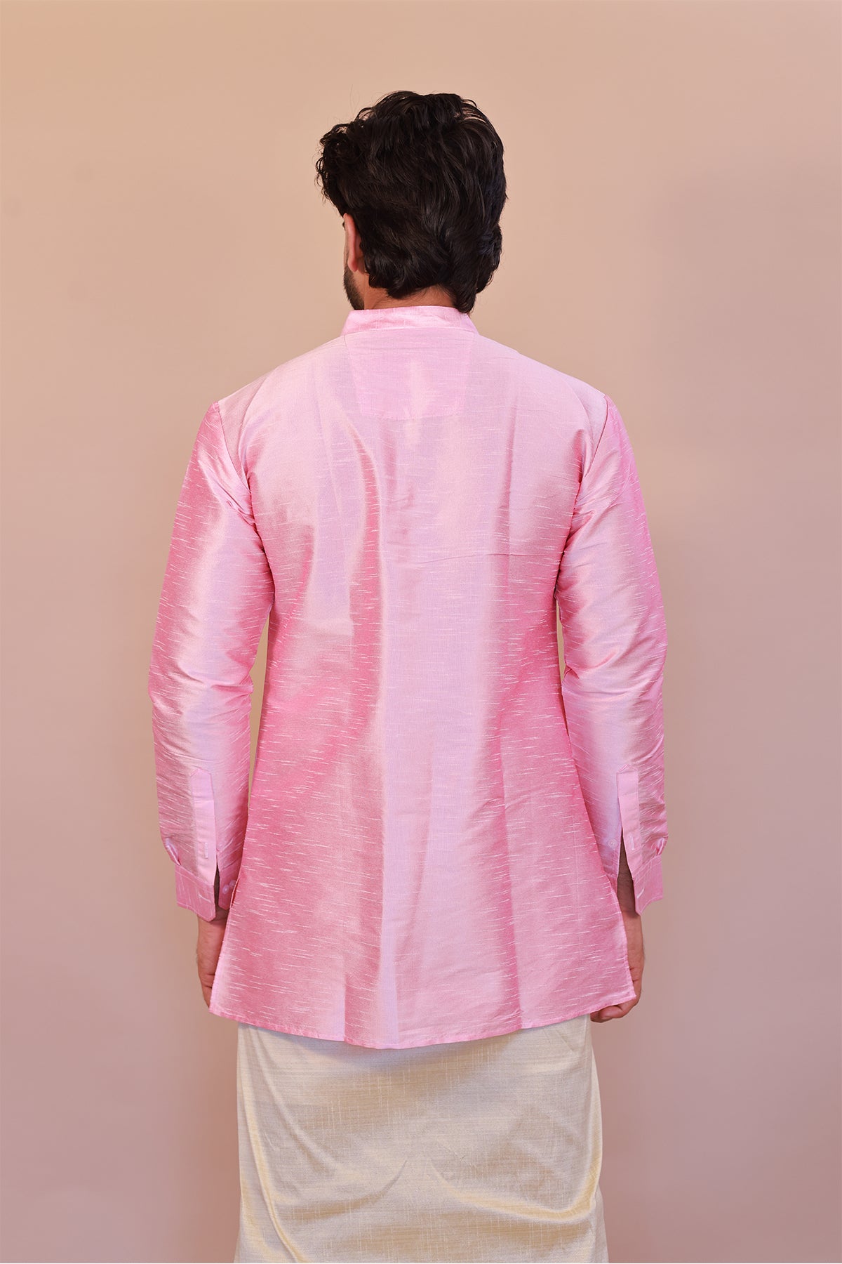 Men's Pink Dupion Silk Short Kurta - Full Sleeve Festive Ethnic Wear