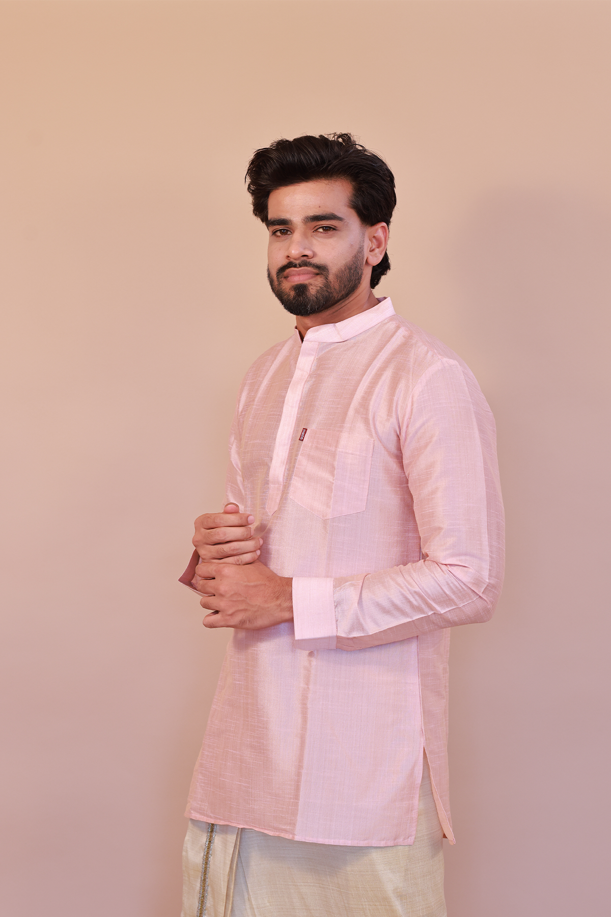 Men's Pink Short Kurta - Full Sleeve Ethnic Wear for Festive & Casual Occasions