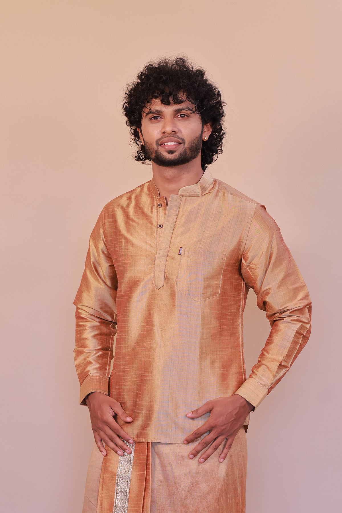 Men's Orange Short Kurta - Full Sleeve Ethnic Wear for Festive & Casual Occasions