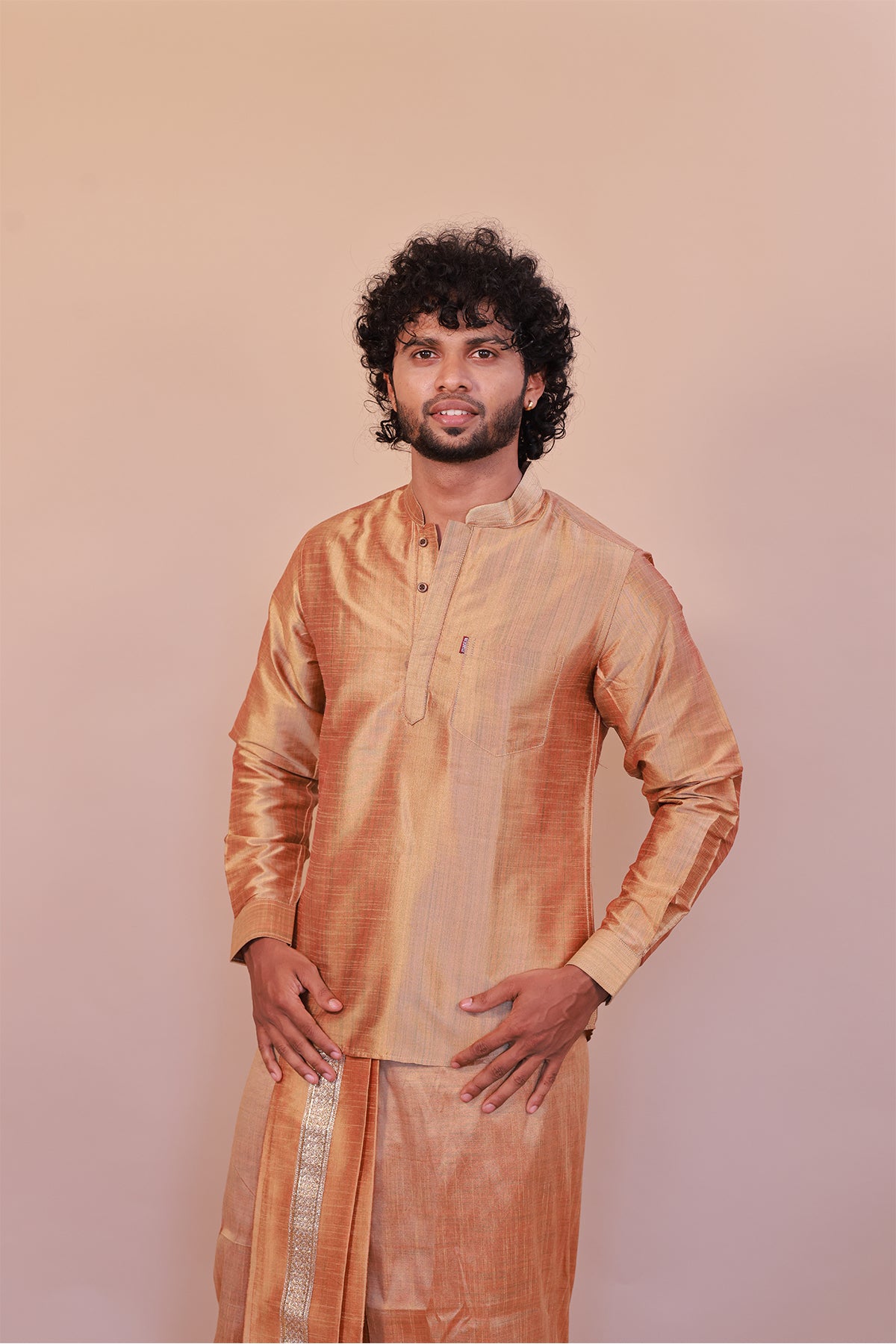 Men's Orange Short Kurta - Full Sleeve Ethnic Wear for Festive & Casual Occasions