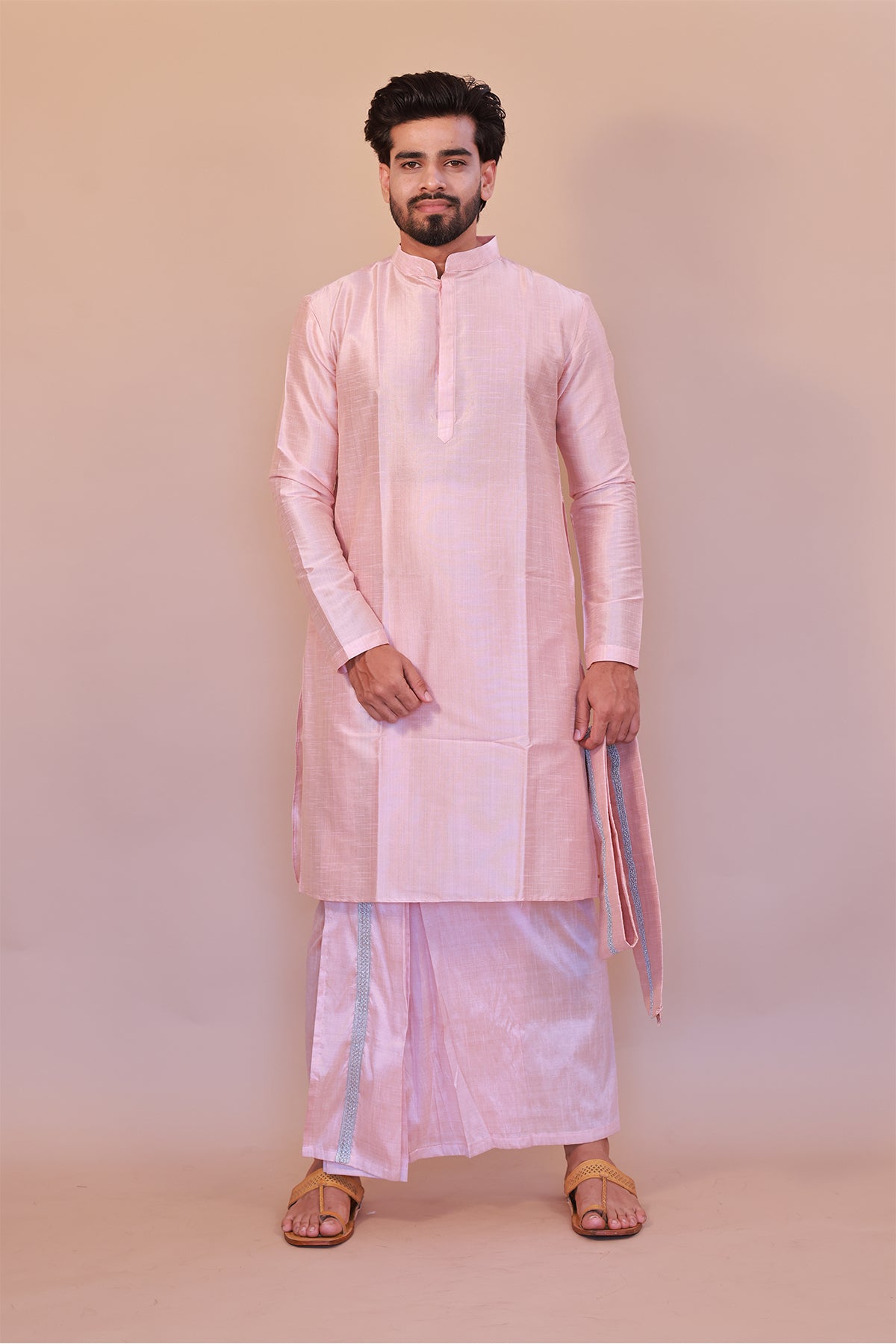 Men's Pink Silk Kurta - Full Sleeve Traditional Ethnic Wear for Weddings & Festivals
