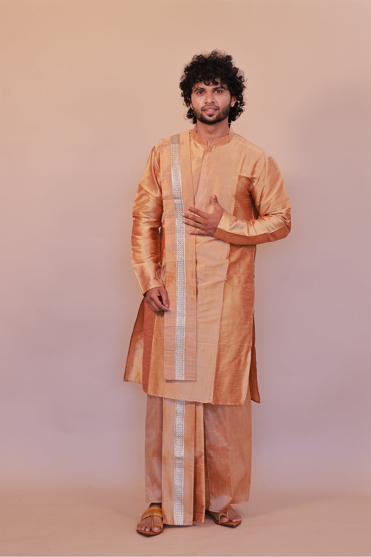 Orange Kurta, Lungi & Shawl Combo for Men