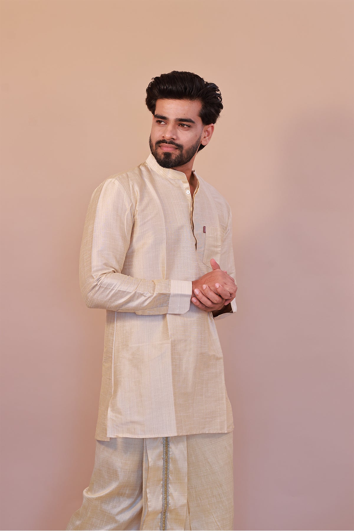 Men's Gold 1 Slub Zara Silk Short Kurta - Full Sleeve Ethnic Wear for Festive & Casual Occasions