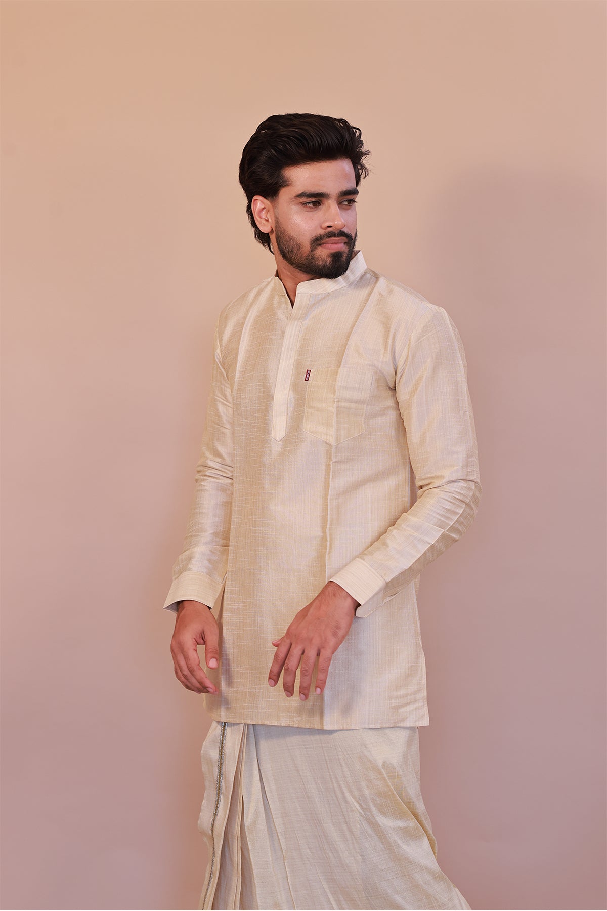 Men's Gold 1 Slub Zara Silk Short Kurta - Full Sleeve Ethnic Wear for Festive & Casual Occasions
