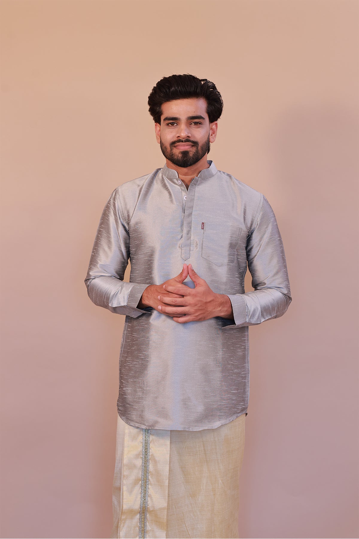 Men's Grey Dupion Silk Short Kurta - Full Sleeve Stylish Traditional Attire