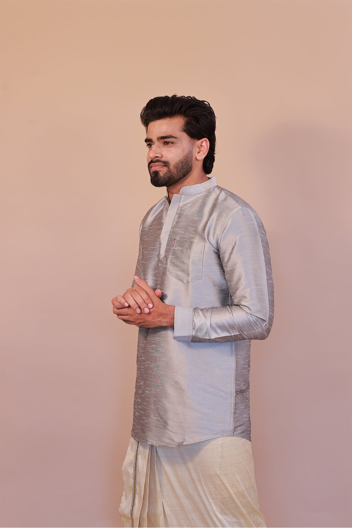 Men's Grey Dupion Silk Short Kurta - Full Sleeve Stylish Traditional Attire