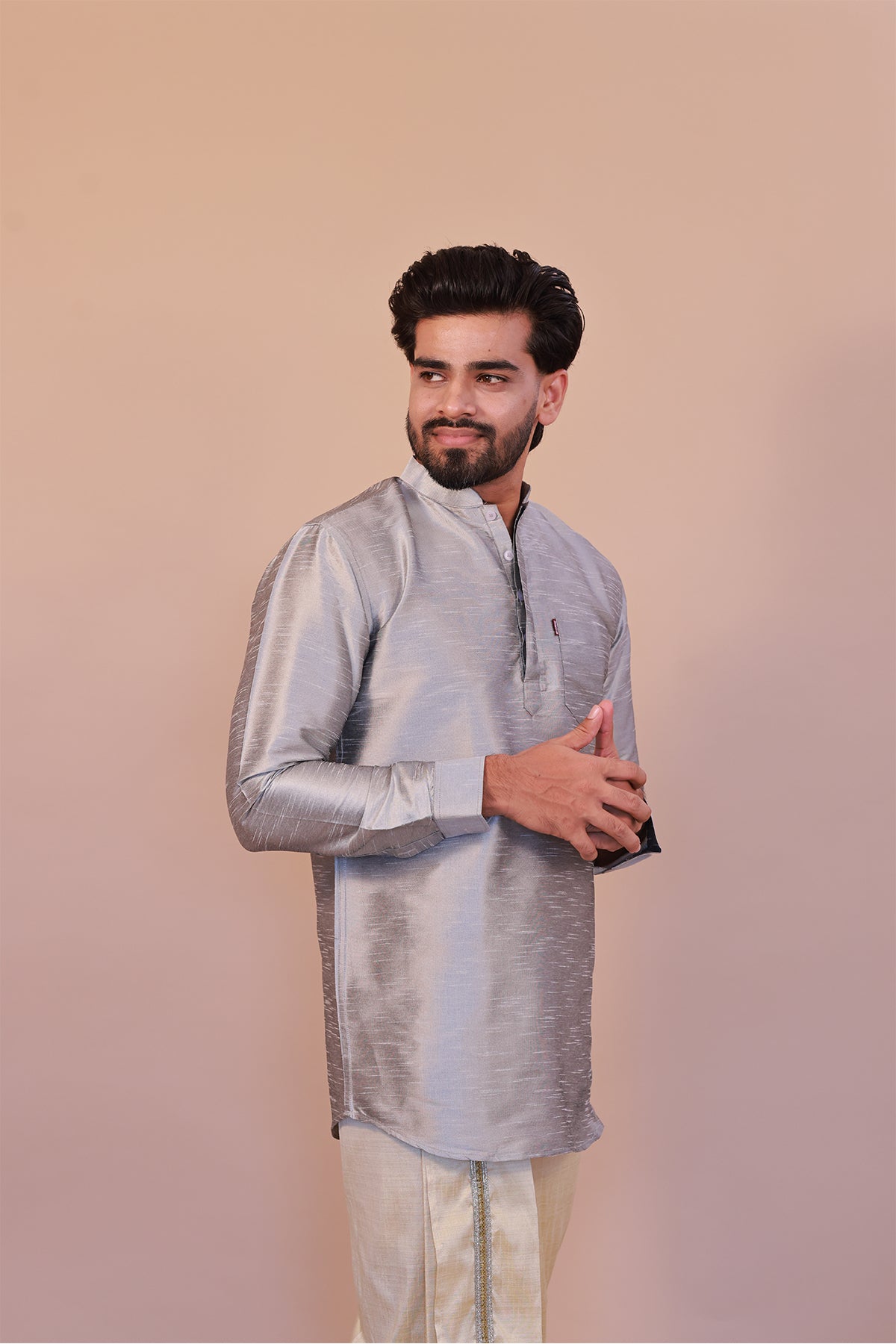 Men's Grey Dupion Silk Short Kurta - Full Sleeve Stylish Traditional Attire
