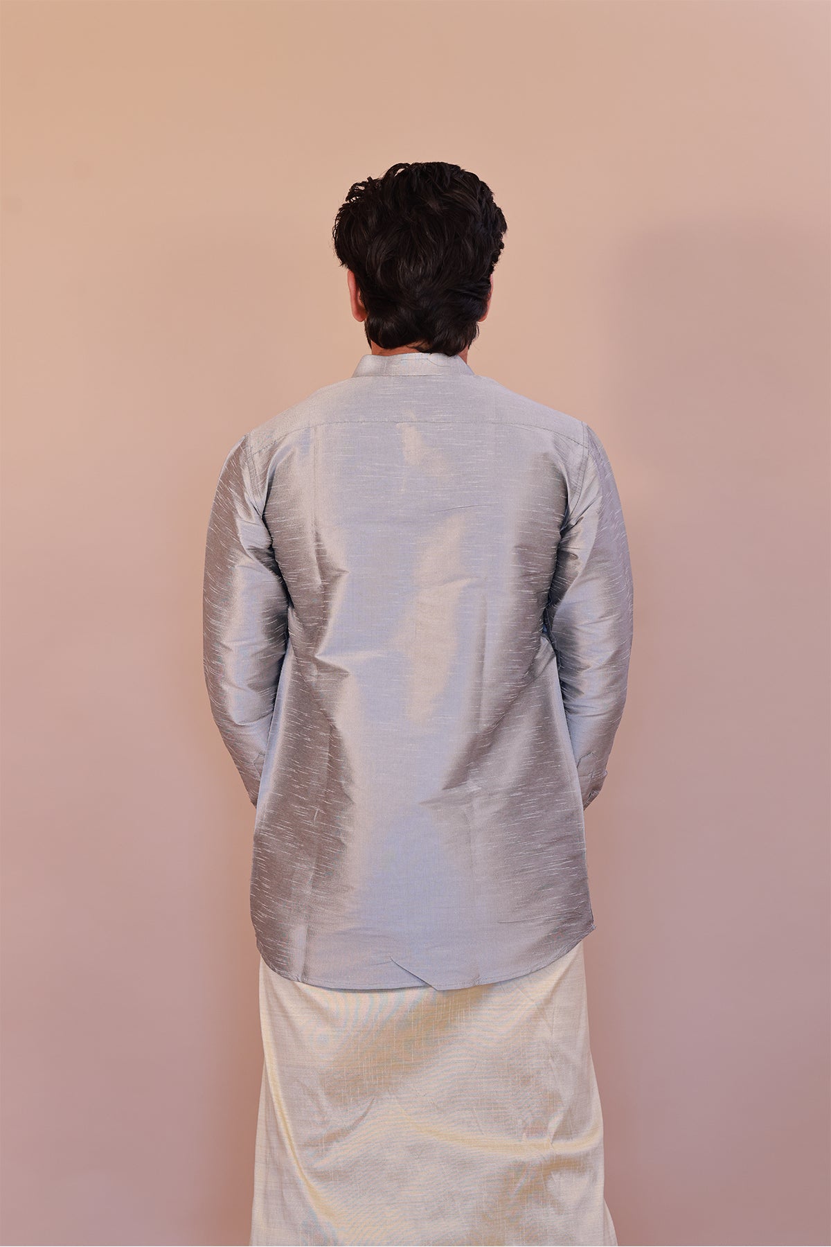 Men's Grey Dupion Silk Short Kurta - Full Sleeve Stylish Traditional Attire