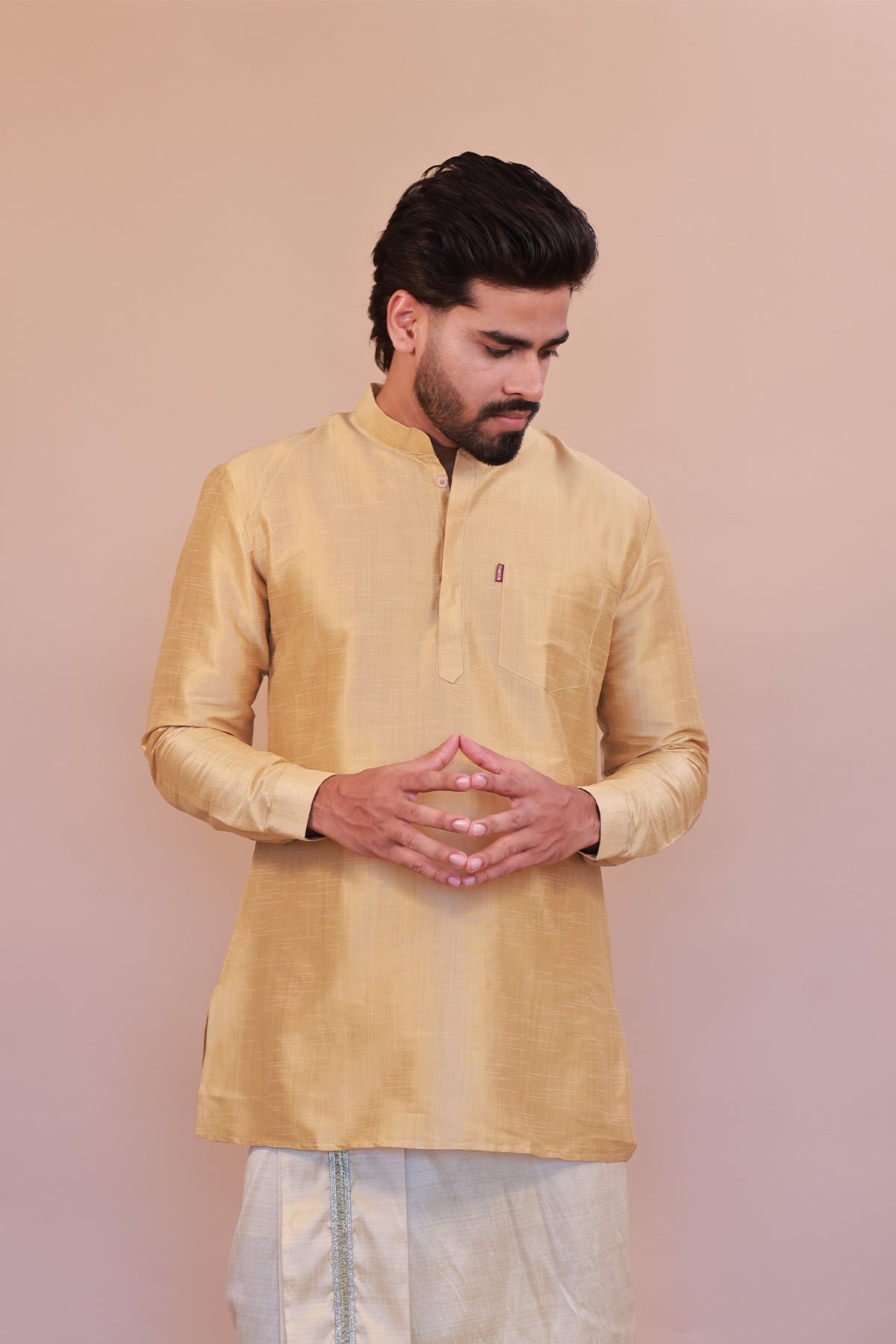 Men's Gold 6 Slub Zara Silk Short Kurta - Full Sleeve Ethnic Wear for Festive & Casual Occasions